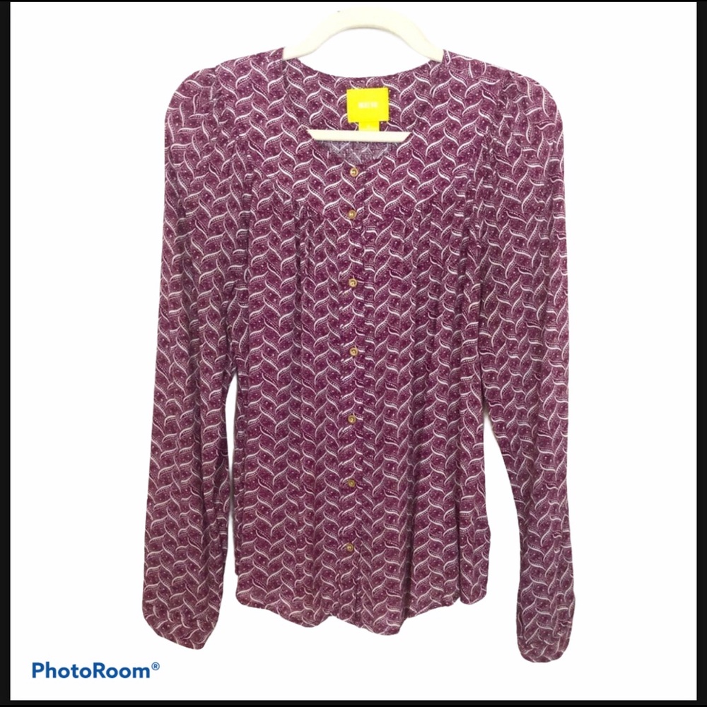 ANTHROPOLOGY Maeve Burgundy White Long Sleeve Top